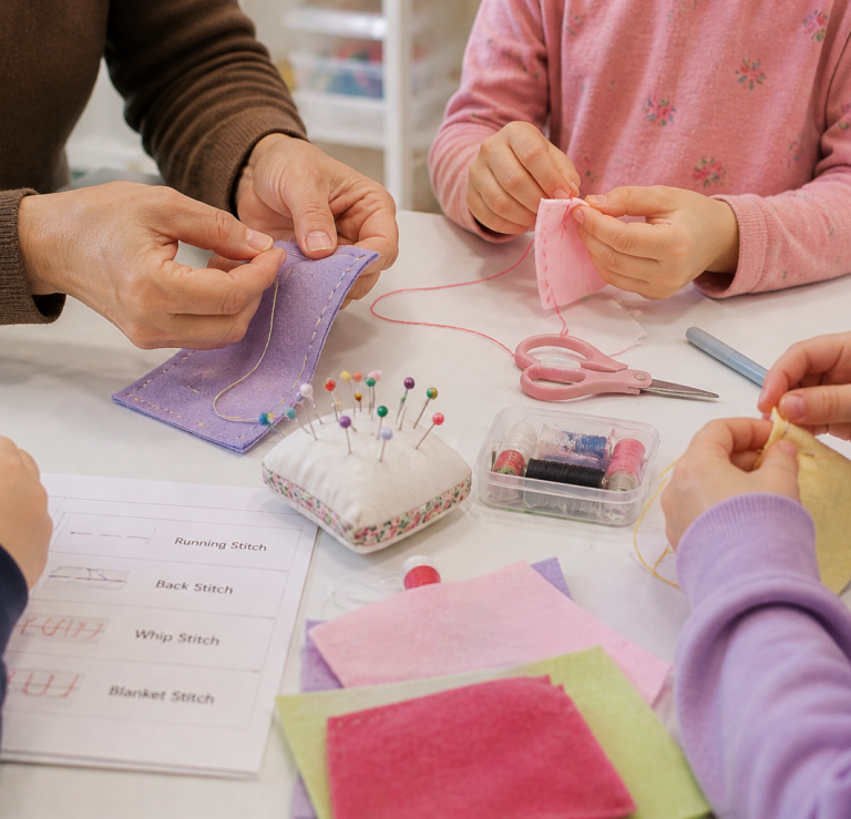Sewing Two people, one adult and one child, sewing colorful fabric squares with scissors and pins.