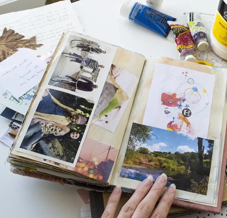 Mixed Media A collection of photos and notes displayed in a scrapbook.